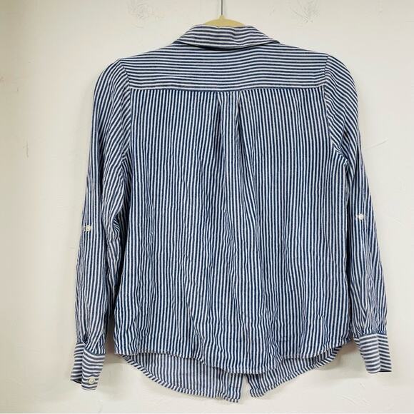 Soft Joie Blue Striped Cropped 3/4 Sleeve Button Down Shirt Womens S Basic Beach - Picture 8 of 8